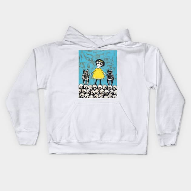 Yellow Skellie Cats Day of the Dead Kids Hoodie by KilkennyCat Art